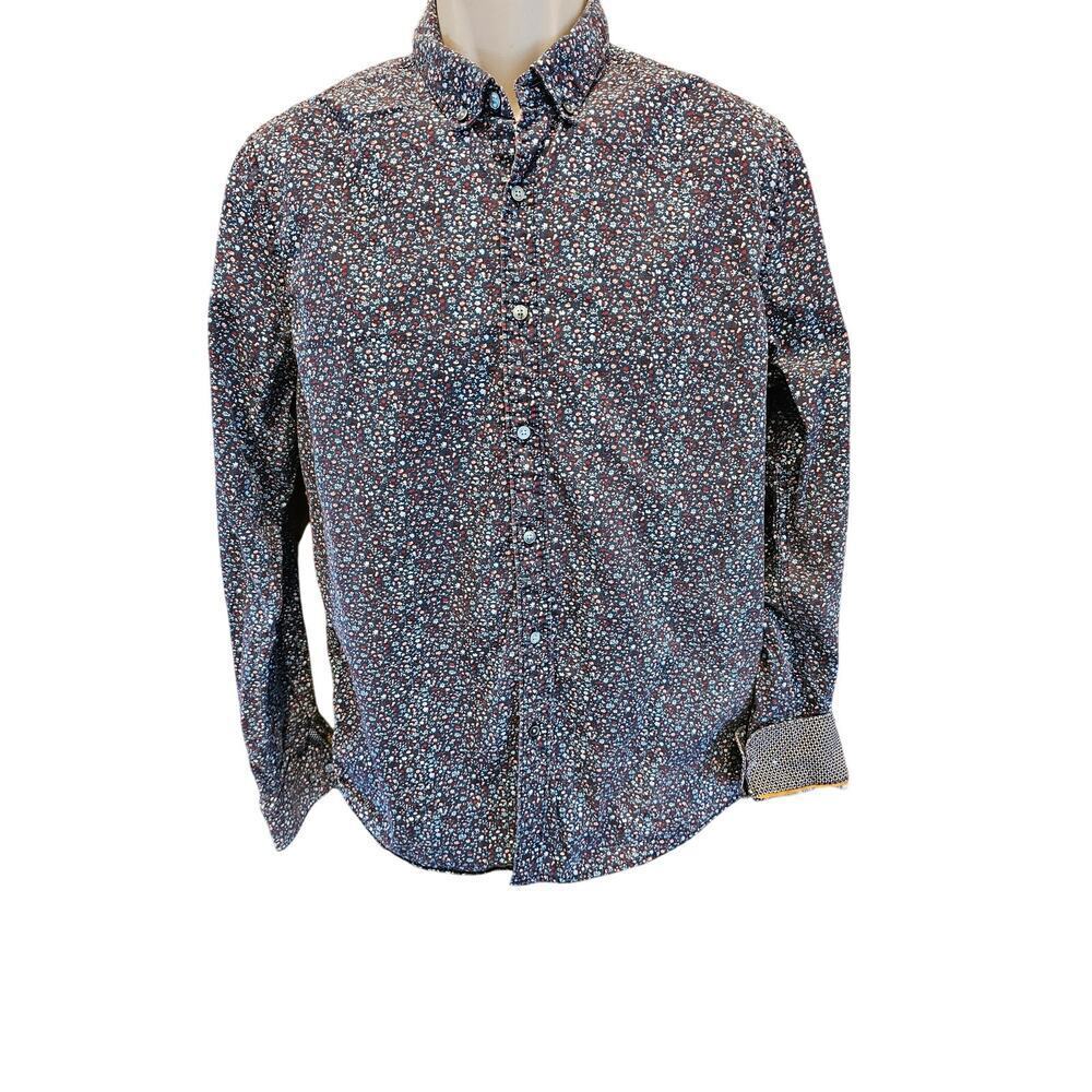 Cactus man slim fit floral navy flip cuff large L men's long sleeve button up ^